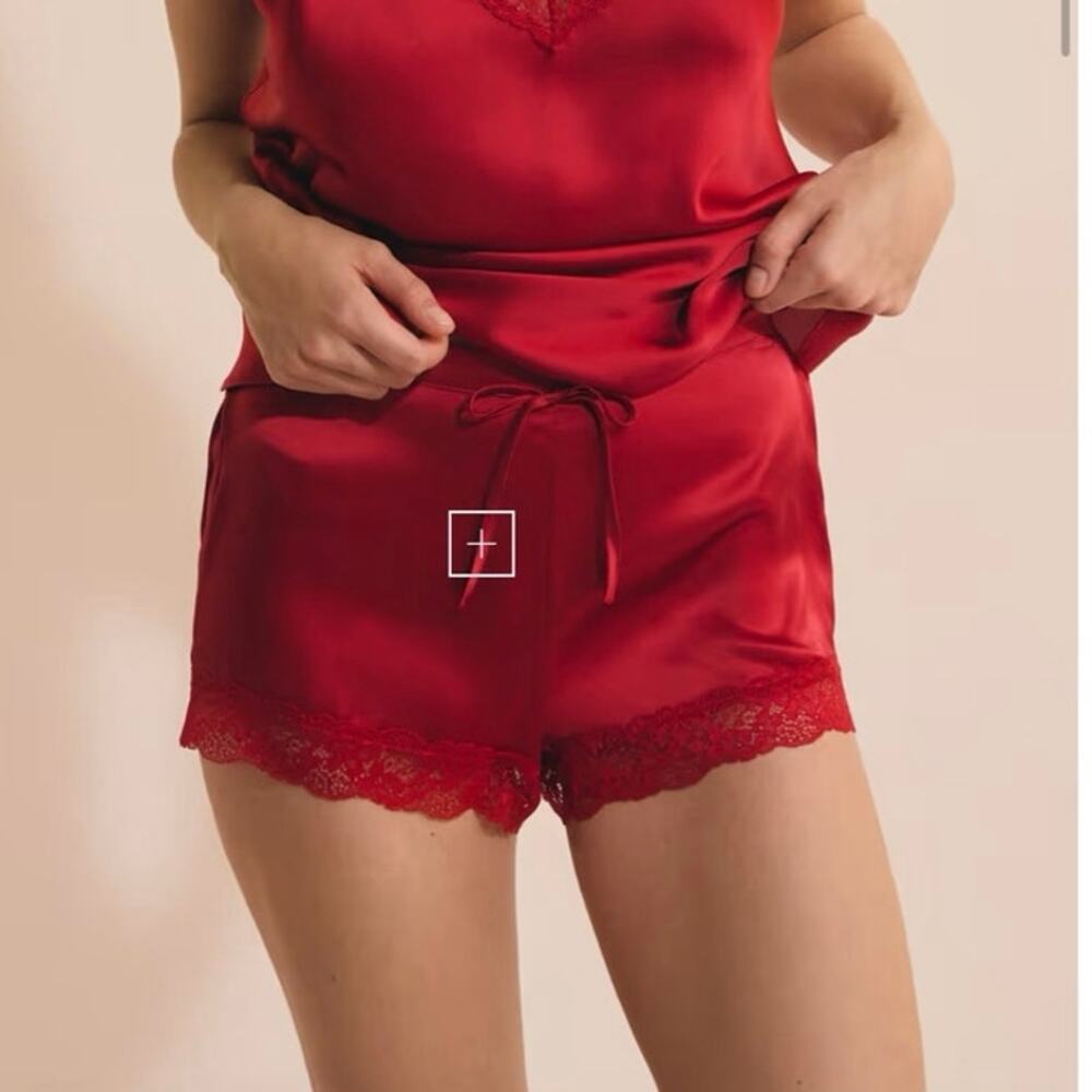 NWOT Etam Silk Pajama Shorts with Lace Detail in Cardinal SZ S